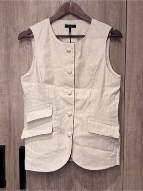rag & bone Slade Linen Blend Flap Pockets Crew Neck Button Front Cream Vest 8